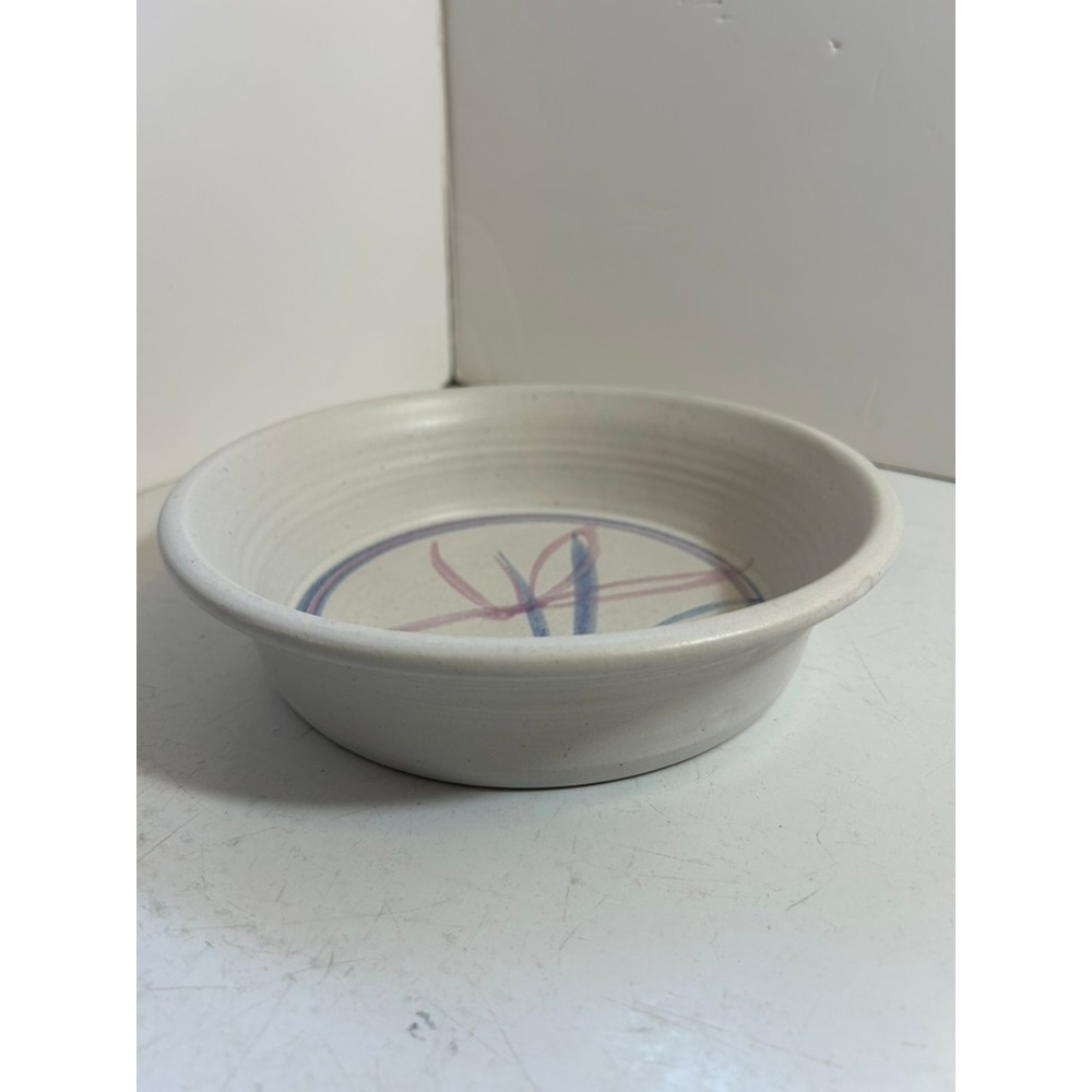 Studio Pottery Stoneware Bowl Floral Blue Pink Hand Thrown Artisan 8.5" - Picture 2 of 10